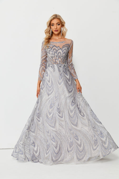 Silver long-sleeve beaded mesh evening gown with scalloped hem and allover swirl pattern