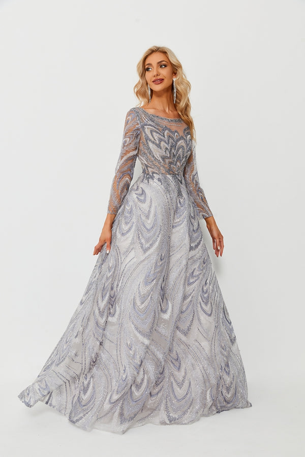 Wholesale Silver Beaded Mesh Evening Gown, Long Sleeve Dress ks005