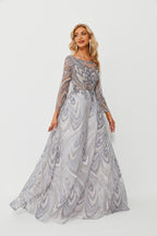 Wholesale Silver Beaded Mesh Evening Gown, Long Sleeve Dress ks005