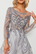 Wholesale Silver Beaded Mesh Evening Gown, Long Sleeve Dress ks005