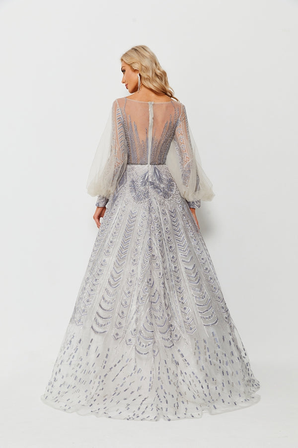 Wholesale Beaded Tulle Evening Gown, Balloon Sleeve Dress ks006