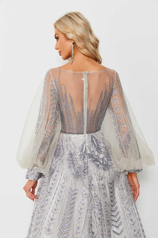 Wholesale Beaded Tulle Evening Gown, Balloon Sleeve Dress ks006