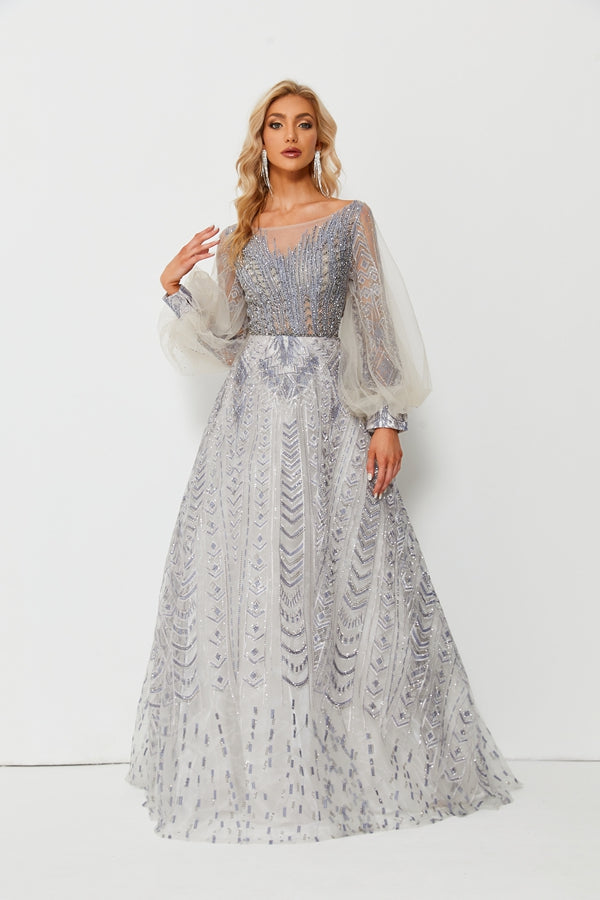 Wholesale Beaded Tulle Evening Gown, Balloon Sleeve Dress ks006