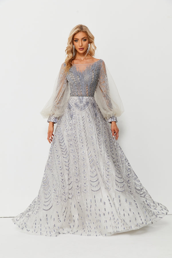 Wholesale Beaded Tulle Evening Gown, Balloon Sleeve Dress ks006