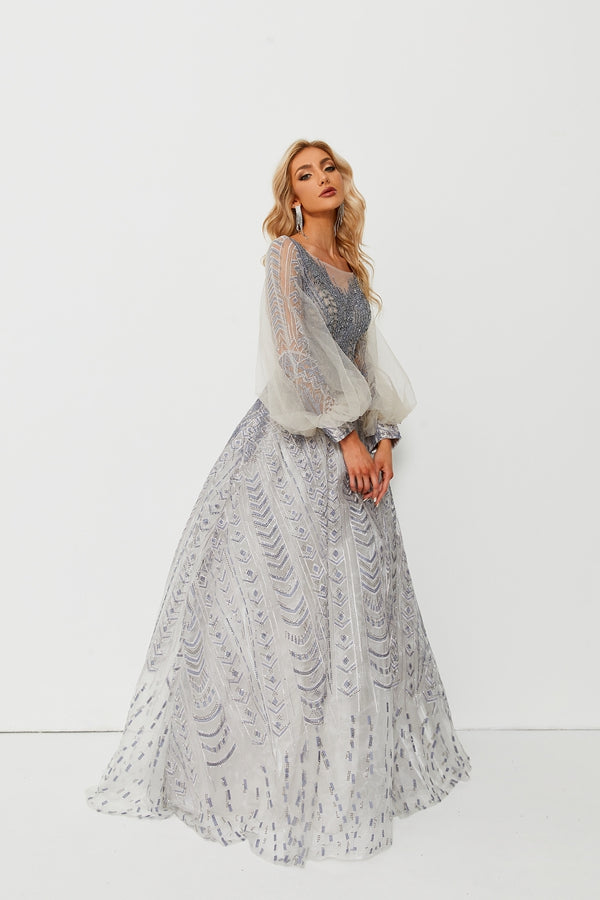 Wholesale Beaded Tulle Evening Gown, Balloon Sleeve Dress ks006
