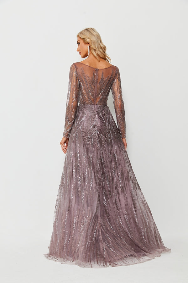 Wholesale Beaded Mesh Evening Gown, Long Sleeve Dress ks007