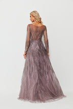 Wholesale Beaded Mesh Evening Gown, Long Sleeve Dress ks007