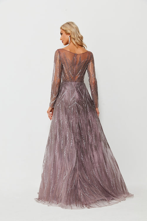 Mauve Illusion Neckline Sequin Long Sleeve Ball Gown Evening Dress ks007