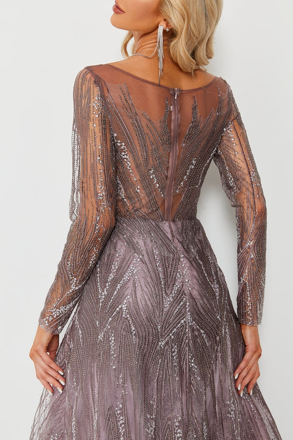 Wholesale Beaded Mesh Evening Gown, Long Sleeve Dress ks007