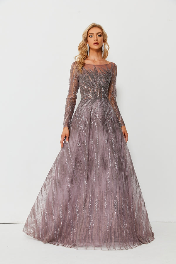 Wholesale Beaded Mesh Evening Gown, Long Sleeve Dress ks007
