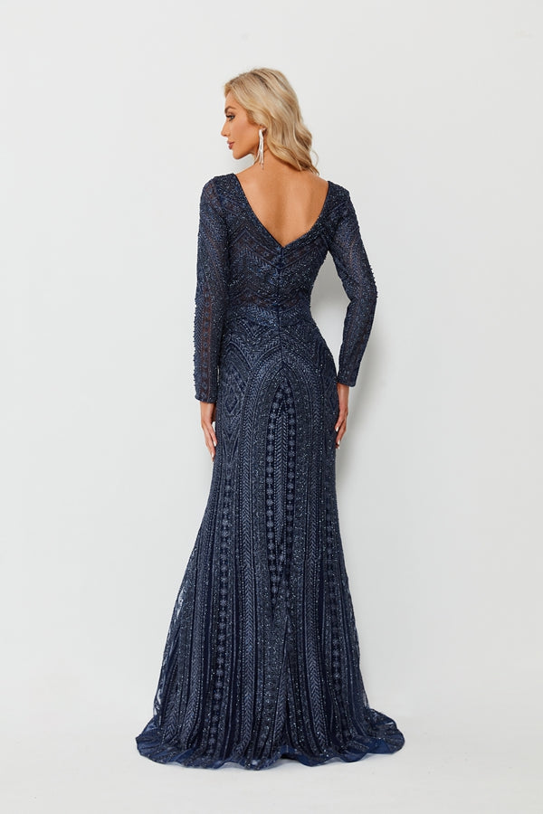 Wholesale Beaded Mesh Navy Evening Gown, Long Sleeve mk097