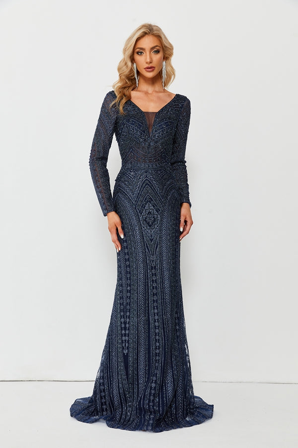Wholesale Beaded Mesh Navy Evening Gown, Long Sleeve mk097