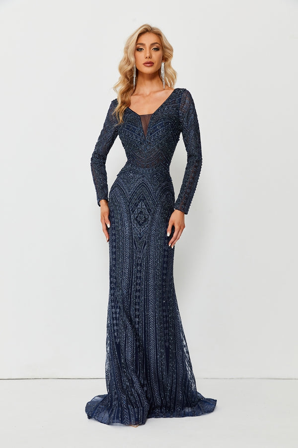 Wholesale Beaded Mesh Navy Evening Gown, Long Sleeve mk097