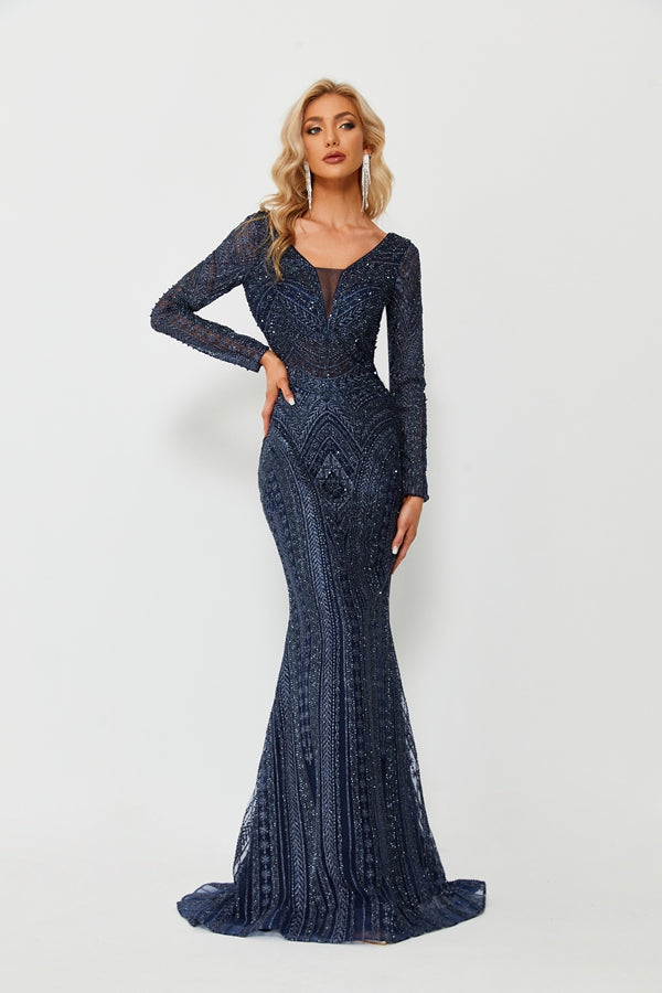 Wholesale Beaded Mesh Navy Evening Gown, Long Sleeve mk097