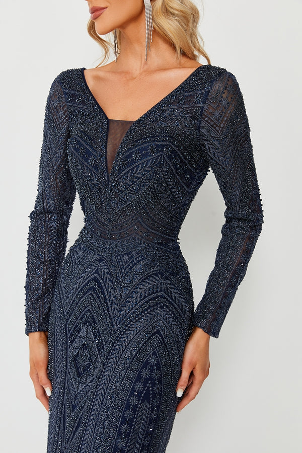 Wholesale Beaded Mesh Navy Evening Gown, Long Sleeve mk097