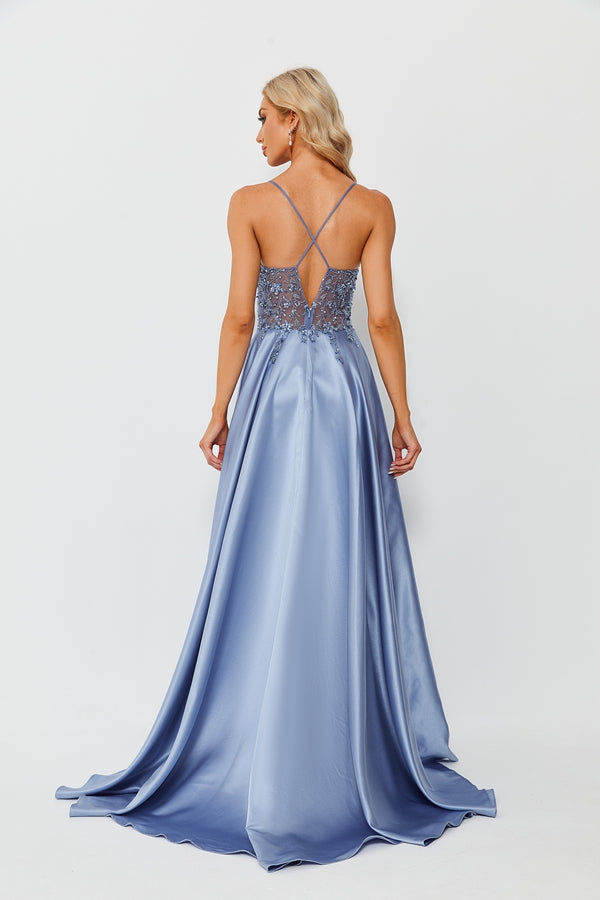 Opulent Glamour Lace Beaded Satin Slit Prom Dress 32678