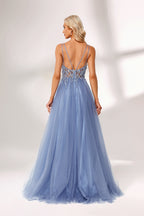 Light blue tulle prom dress with beaded bodice, double straps, slit detail & ball gown skirt. Elegant and eye-catching—ideal for bulk premium formalwear stock.02