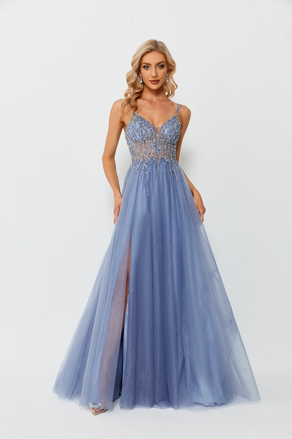 Radiant Elegance Lace Beaded Mesh Slit Prom Dress 32679