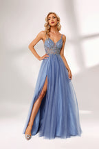 Light blue tulle prom dress with beaded bodice, double straps, slit detail & ball gown skirt. Elegant and eye-catching—ideal for bulk premium formalwear stock.01