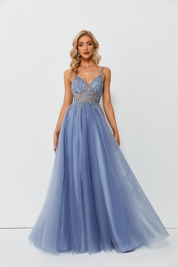 Radiant Elegance Lace Beaded Mesh Slit Prom Dress 32679