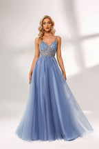 Light blue tulle prom dress with beaded bodice, double straps, slit detail & ball gown skirt. Elegant and eye-catching—ideal for bulk premium formalwear stock.05