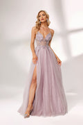 Lilac tulle prom dress with beaded sheer bodice, high slit, plunge neckline, and A-line skirt. Romantic, flattering design perfect for formal events and bulk orders.01