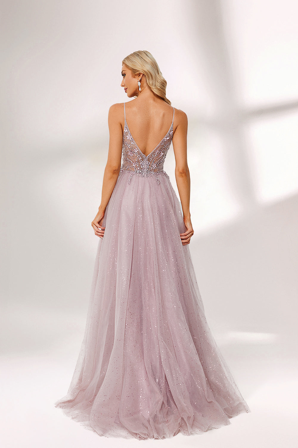 Lilac tulle prom dress with beaded sheer bodice, high slit, plunge neckline, and A-line skirt. Romantic, flattering design perfect for formal events and bulk orders.02