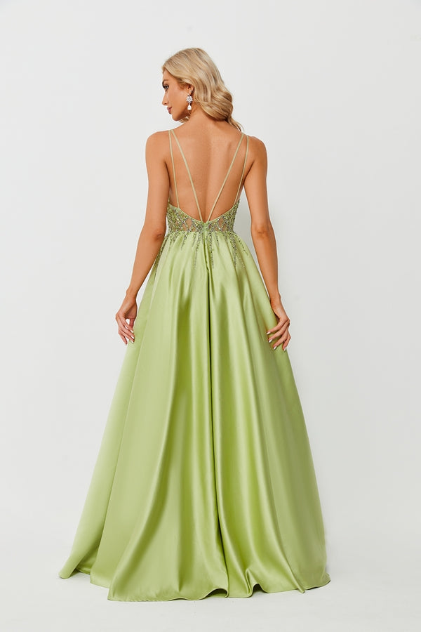 Sophisticated Glamour Lace Beaded Satin Pocket Prom Dress 32679B