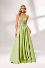Lime green satin prom dress with beaded sheer bodice, backless design & double straps. Bold ball gown—perfect for bulk orders in standout formalwear collections.04