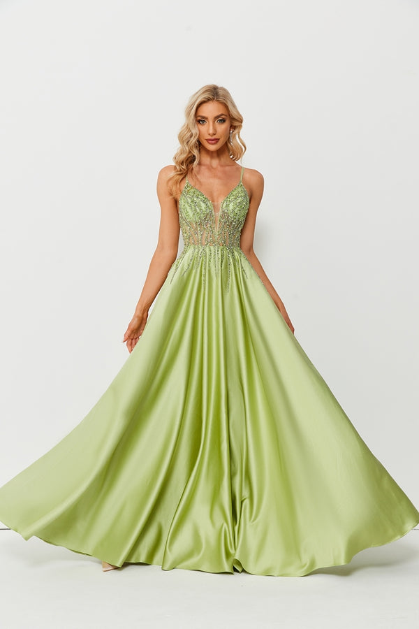 Sophisticated Glamour Lace Beaded Satin Pocket Prom Dress 32679B