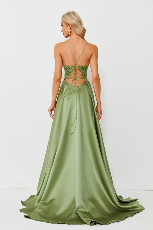 Wholesale Olive Green Lace Spaghetti Strap Satin Gown Slit QT005B-1