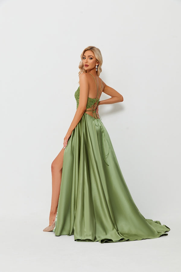 Wholesale Olive Green Lace Spaghetti Strap Satin Gown Slit QT005B-1