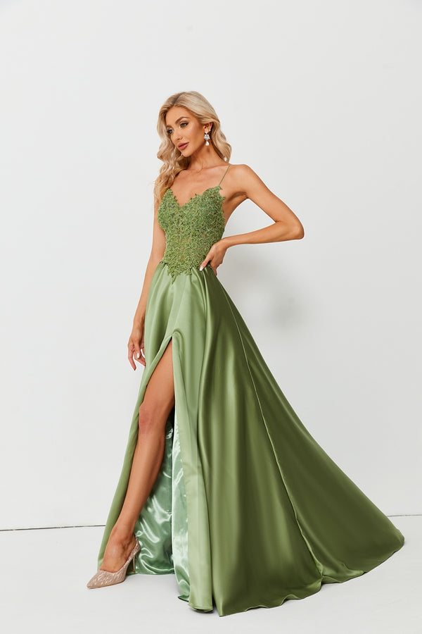 Wholesale Olive Green Lace Spaghetti Strap Satin Gown Slit QT005B-1