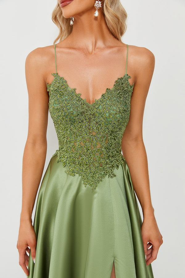 Wholesale Olive Green Lace Spaghetti Strap Satin Gown Slit QT005B-1
