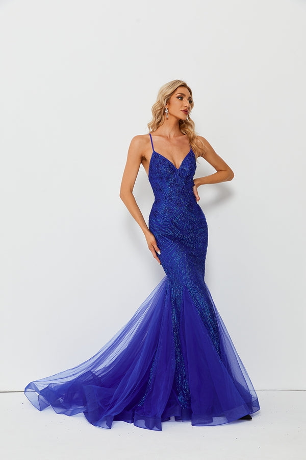 Wholesale Royal Blue Sequin Spaghetti Strap Tulle Mermaid Gown KT1292