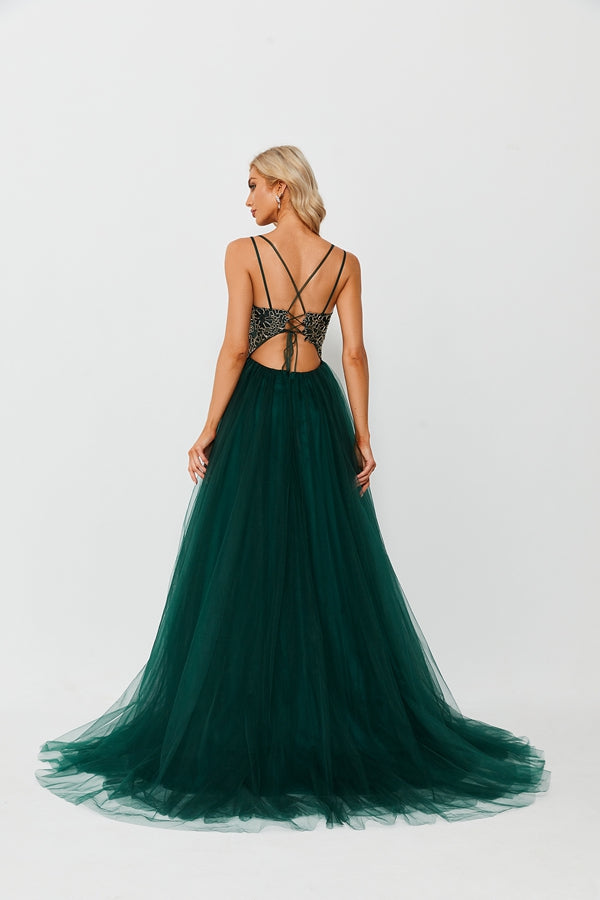 Wholesale Enchanting Opulence Lace Appliqué Beaded Slit Prom Gown 32647B