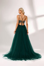 Dark green tulle prom dress with gold lace bodice, criss-cross back, plunge neckline, and A-line skirt. Elegant and chic, ideal for bulk orders and formal events.02