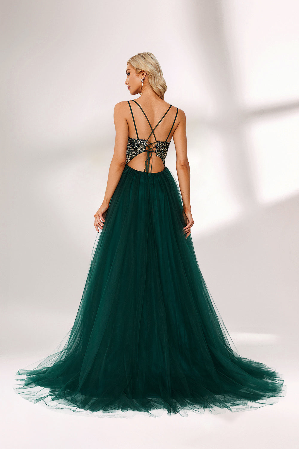 Dark green tulle prom dress with gold lace bodice, criss-cross back, plunge neckline, and A-line skirt. Elegant and chic, ideal for bulk orders and formal events.02