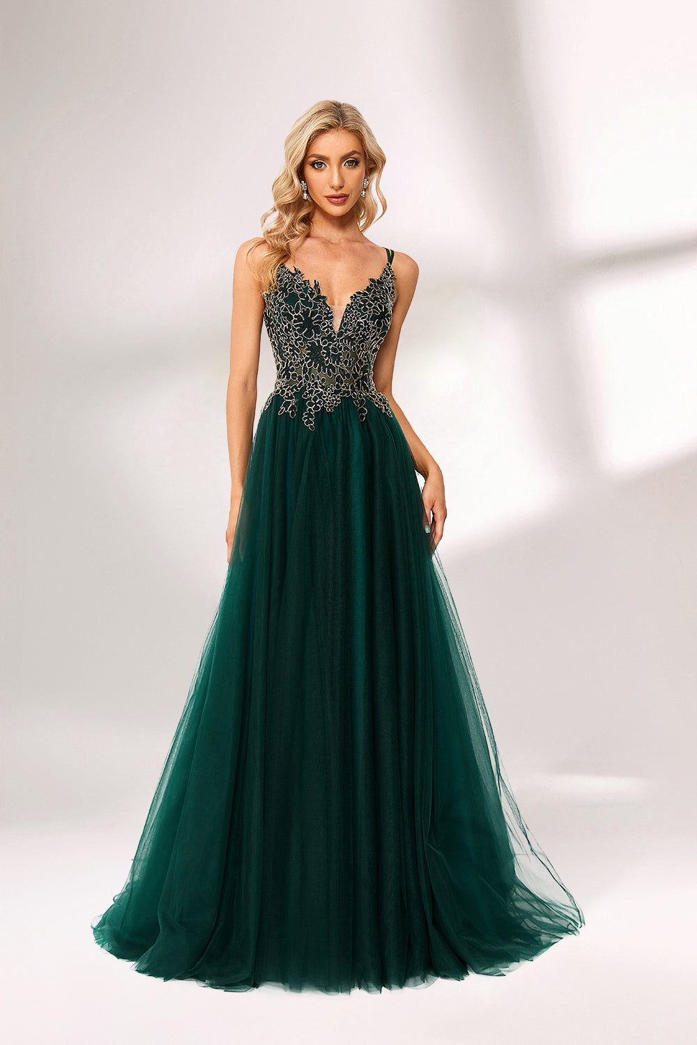 Dark green tulle prom dress with gold lace bodice, criss-cross back, plunge neckline, and A-line skirt. Elegant and chic, ideal for bulk orders and formal events.04