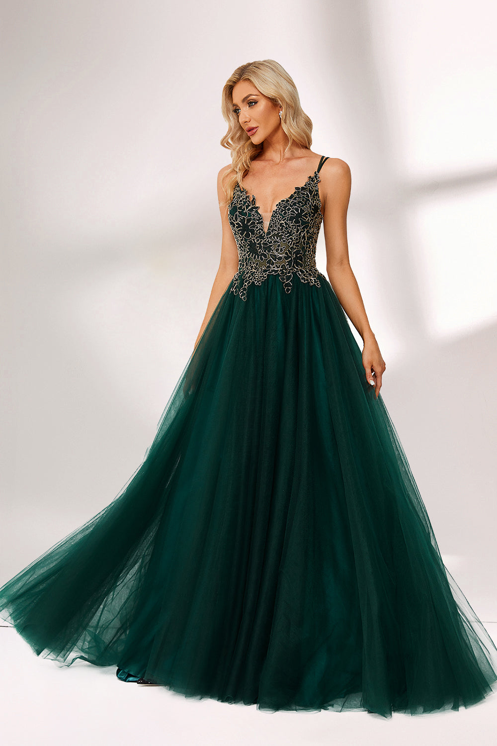 Dark green tulle prom dress with gold lace bodice, criss-cross back, plunge neckline, and A-line skirt. Elegant and chic, ideal for bulk orders and formal events.01