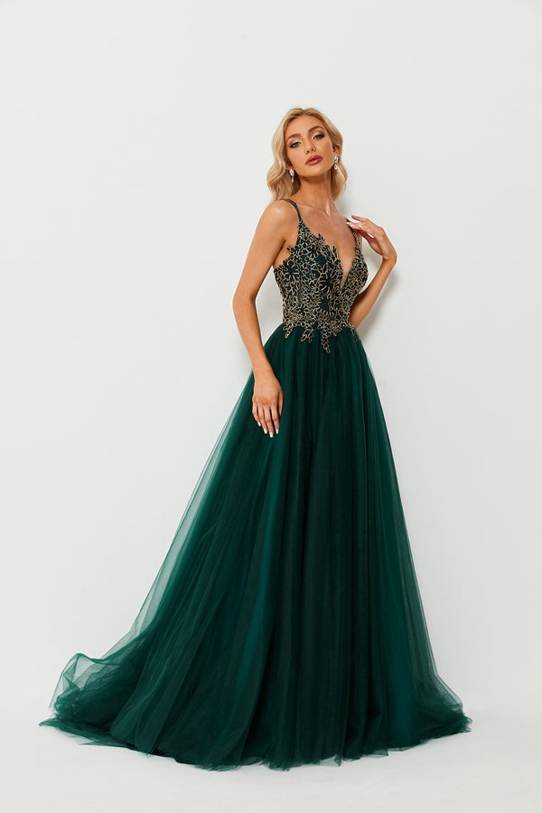 Wholesale Enchanting Opulence Lace Appliqué Beaded Slit Prom Gown 32647B