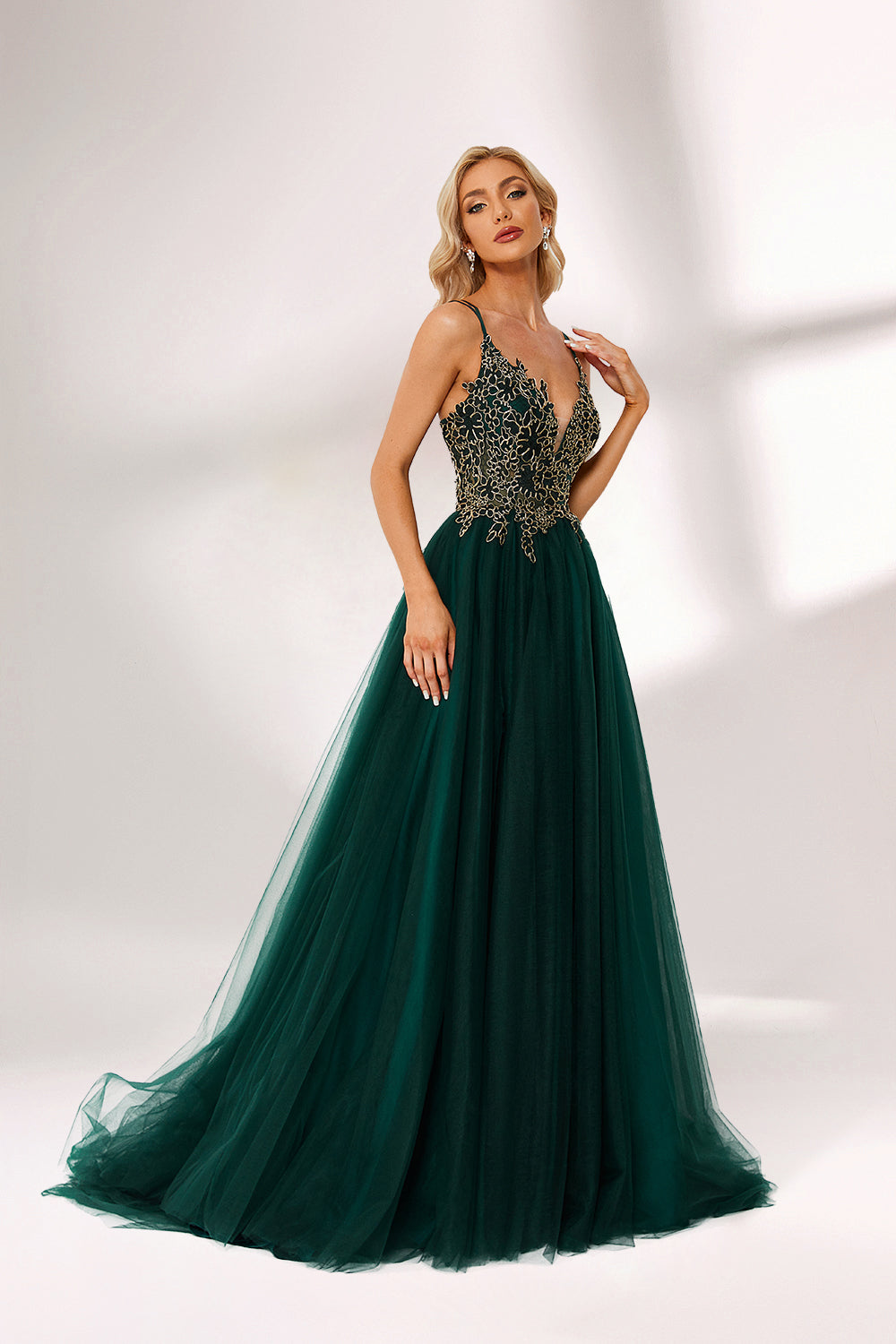 Dark green tulle prom dress with gold lace bodice, criss-cross back, plunge neckline, and A-line skirt. Elegant and chic, ideal for bulk orders and formal events.06