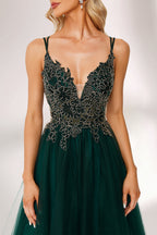 Dark green tulle prom dress with gold lace bodice, criss-cross back, plunge neckline, and A-line skirt. Elegant and chic, ideal for bulk orders and formal events.03