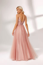A woman stands against a light background, wearing a pink tulle gown. It has thin straps, a deep V - neckline, and a voluminous skirt. The bodice features delicate floral lace embroidery, combining romance and elegance. Perfect for formal events like weddings or proms, it exudes charm.2