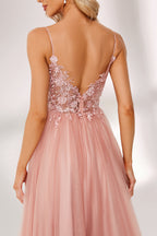 A woman stands against a light background, wearing a pink tulle gown. It has thin straps, a deep V - neckline, and a voluminous skirt. The bodice features delicate floral lace embroidery, combining romance and elegance. Perfect for formal events like weddings or proms, it exudes charm.6