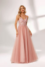 A woman stands against a light background, wearing a pink tulle gown. It has thin straps, a deep V - neckline, and a voluminous skirt. The bodice features delicate floral lace embroidery, combining romance and elegance. Perfect for formal events like weddings or proms, it exudes charm.4