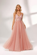 A woman stands against a light background, wearing a pink tulle gown. It has thin straps, a deep V - neckline, and a voluminous skirt. The bodice features delicate floral lace embroidery, combining romance and elegance. Perfect for formal events like weddings or proms, it exudes charm.1