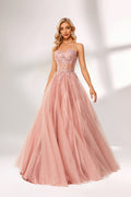 Blush pink tulle prom dress with strapless lace bodice, corset back, floral embroidery, and ball gown silhouette—ideal for bulk elegant formal collections.01