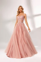 Blush pink tulle prom dress with strapless lace bodice, corset back, floral embroidery, and ball gown silhouette—ideal for bulk elegant formal collections.01
