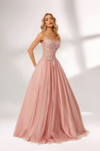 Blush pink tulle prom dress with strapless lace bodice, corset back, floral embroidery, and ball gown silhouette—ideal for bulk elegant formal collections.04
